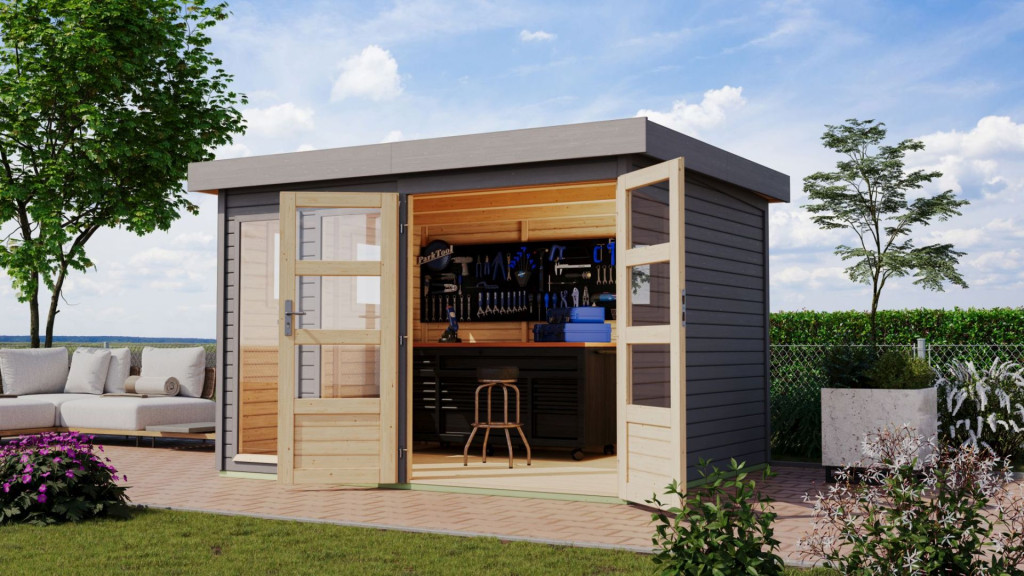 Karibu Lahar 5. Lapostetős kerti ház, terra szürke színű fából 302 cm x 246 cm (RP)