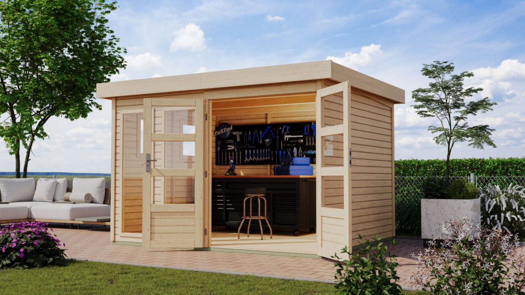 Karibu Lahar 5. Lapostetős kerti ház, natúr fából 302 cm x 246 cm (RP)