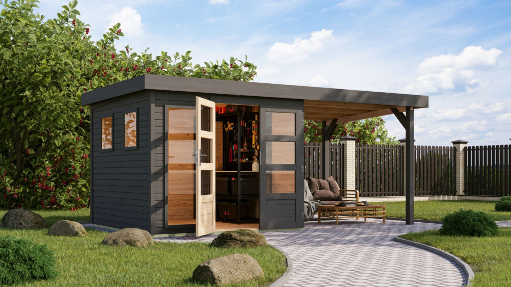 Karibu Lahar 3.5 Lapostetős kerti ház, bővítménnyel/terasszal,  terra szürke színű fából 463 cm x 246 cm (RP)