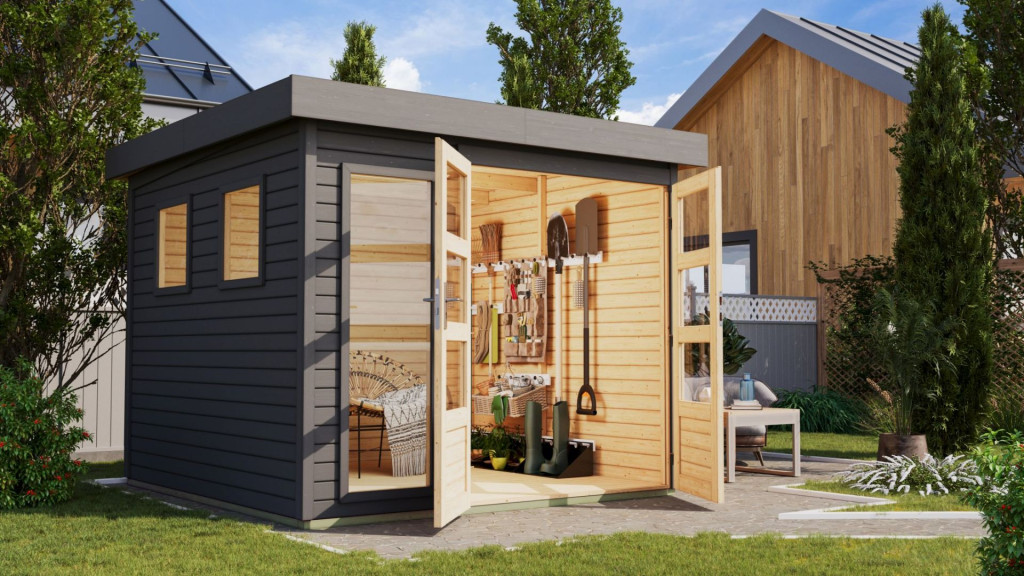 Karibu Lahar 3.5 Lapostetős kerti ház, terra szürke színű fából 242 cm x 246 cm (RP)