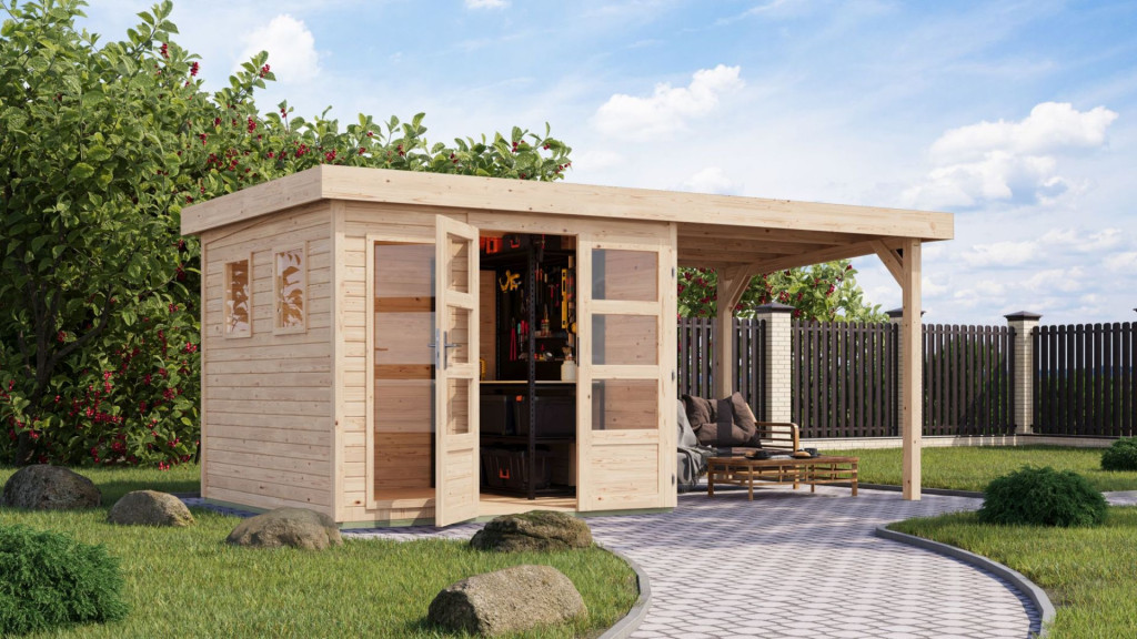 Karibu Lahar 3.5 Lapostetős kerti ház, bővítménnyel/terasszal, natúr fából 463 cm x 246 cm (RP)