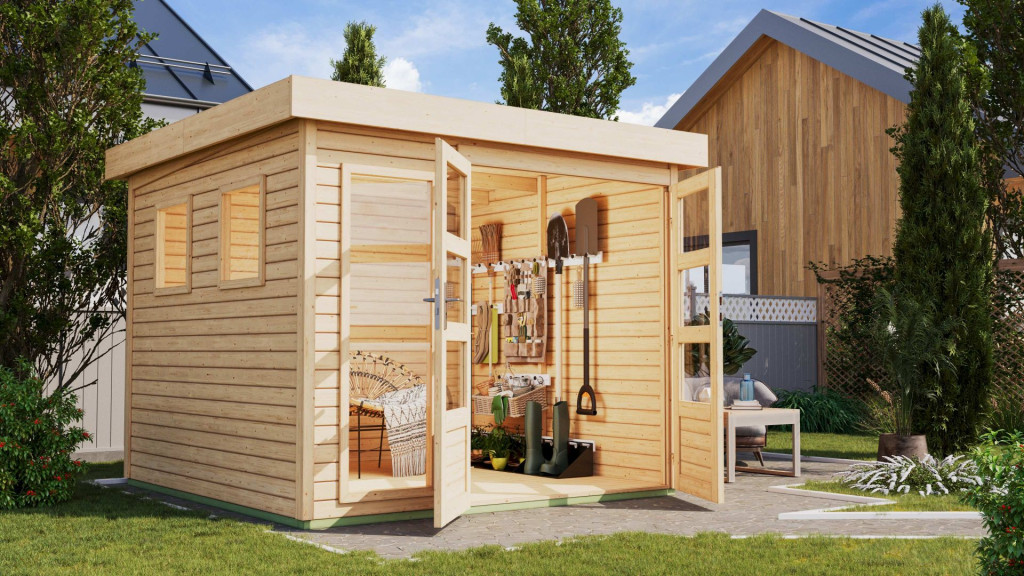 Karibu Lahar 3.5 Lapostetős kerti ház, natúr fából 242 cm x 246 cm (RP)