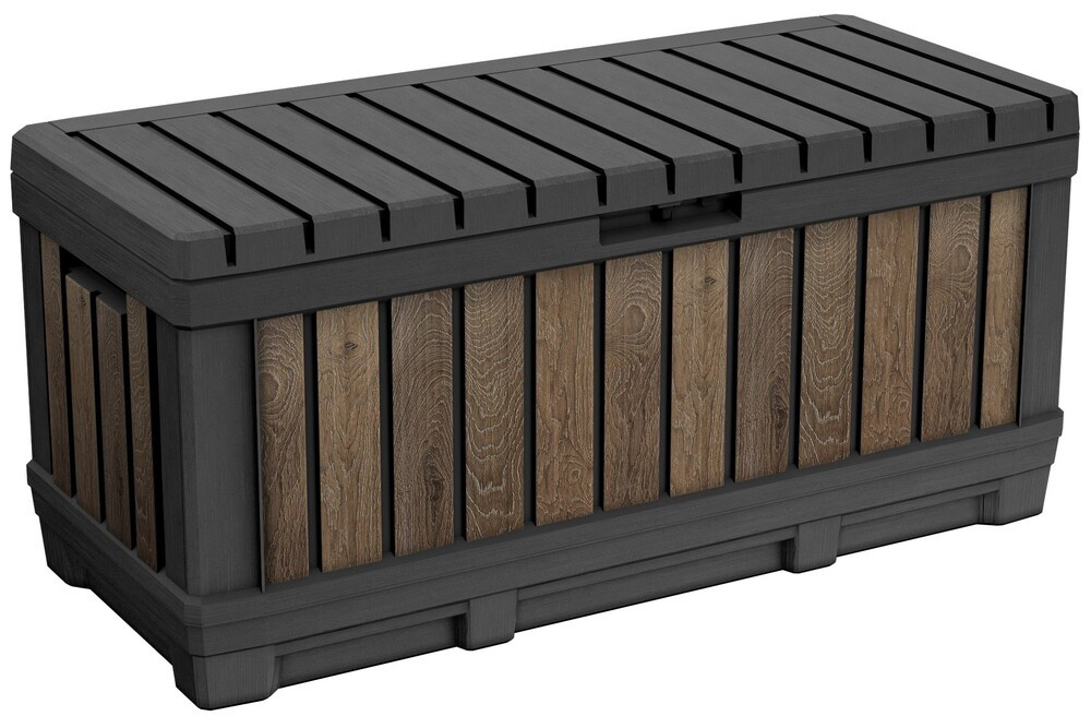 Keter KENTWOOD kerti tároló box – 350 L, ülhető párnatartó, walnut (fa hatás) (RP)