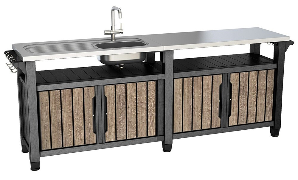 Keter UNITY CHEF kerti műanyag mobil szekrény-asztal – 415 L, mosogatóval, rozsdamentes munkalap, ashwood (RP)