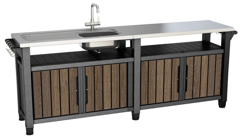 Keter UNITY CHEF kerti  mobil műanyag szekrény-asztal – 415 L, mosogatóval, rozsdamentes munkalap, walnut (RP)