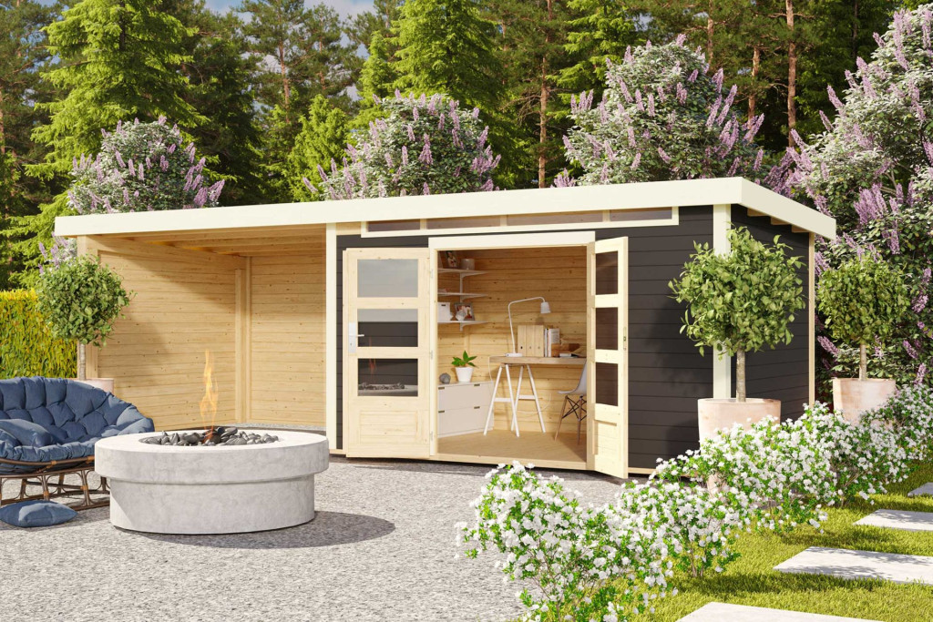 Karibu Kandern 7. Kerti ház, oldal- és hátfallal rendelkező bővítménnyel/terasszal, terra szürke színű fából 655 cm x 244 cm (RP)