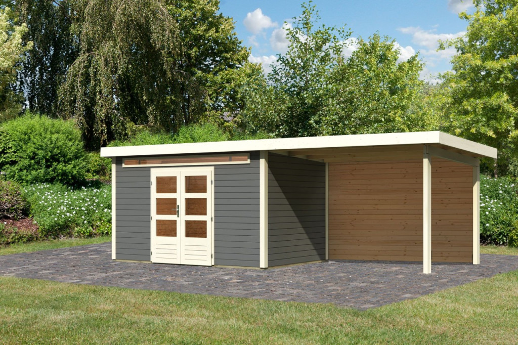 Karibu Kandern 7. Kerti ház, hátfallal rendelkező bővítménnyel/terasszal, terra szürke színű fából 655 cm x 244 cm (RP)