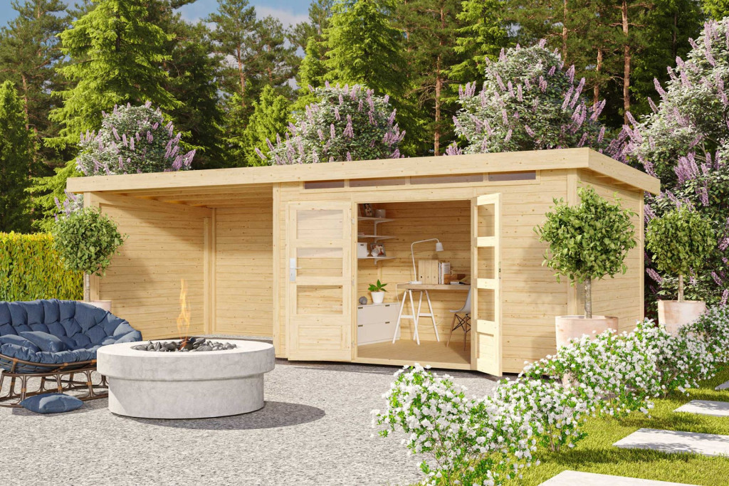 Karibu Kandern 7. Kerti ház, oldal- és hátfallal rendelkező bővítménnyel/terasszal, natúr fából 655 cm x 244 cm (RP)