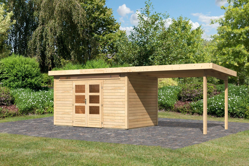 Karibu Kandern 7. Kerti ház, bővítménnyel/terasszal, natúr fából 655 cm x 244 cm (RP)