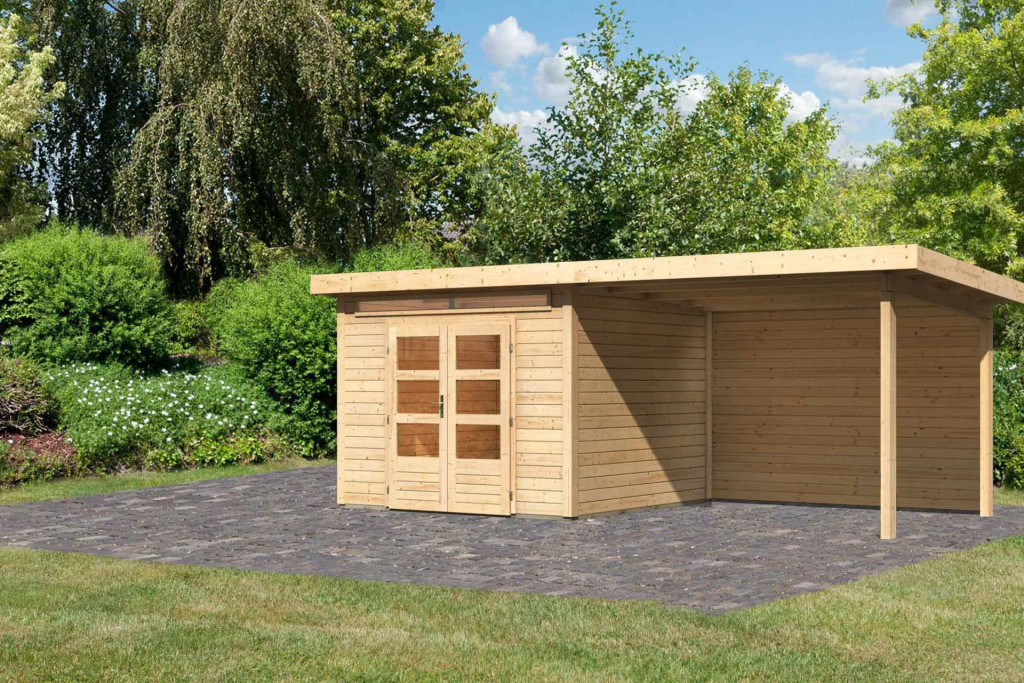 Karibu Kandern 6. Kerti ház, hátfallal rendelkező bővítménnyel/ terasszal, natúr fából 565 cm x 274 cm (RP)