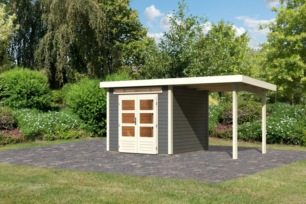 Karibu Kandern 3. Kerti ház, bővítménnyel/terasszal terra szürke színű fából 445 cm x 244 cm (RP)