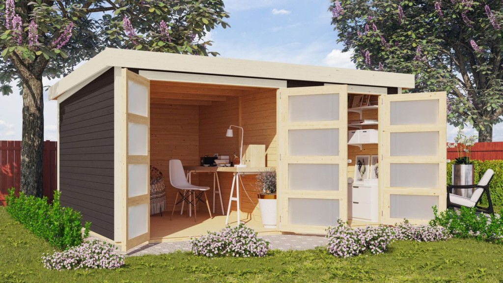 Karibu Mühlentrup 3. Nagyméretű, 2 részre osztott kerti ház lapostetővel, terra szürke színű fából 404 cm x 332,5 cm (RP)