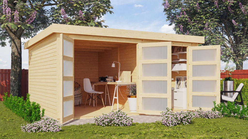 Karibu Mühlentrup 3. Nagyméretű, 2 részre osztott kerti ház lapostetővel, natúr fából 404 cm x 332,5 cm (RP)