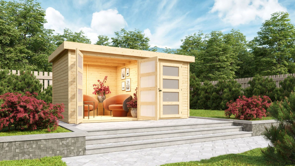 Karibu Mühlentrup 2. Nagyméretű, 2 részre osztott kerti ház lapostetővel, natúr fából 404 cm x 272 cm (RP)