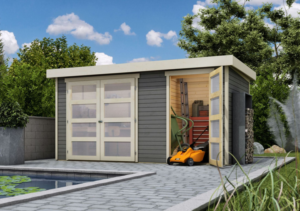 Karibu Mühlentrup 1. Nagyméretű, 2 részre osztott kerti ház lapostetővel, terra szürke színű fából 404 cm x 217 cm (RP)