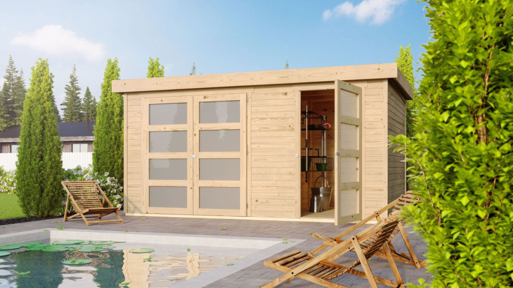 Karibu Mühlentrup 1. Nagyméretű, 2 részre osztott kerti ház lapostetővel, natúr fából 404 cm x 217 cm (RP)