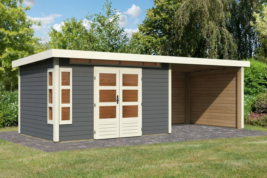 Karibu Kastorf 7. Kerti ház sarokablakkal, oldal- és hátfallal rendelkező bővítménnyel/terasszal, terra szürke színű fából 655 cm x 244 cm (RP)