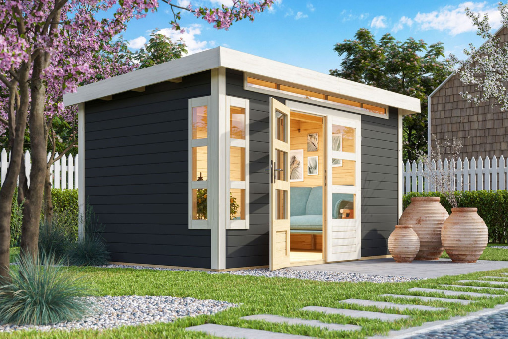 Karibu Kastorf 7. Kerti ház sarokablakkal, terra szürke fából 364 cm x 244 cm (RP)