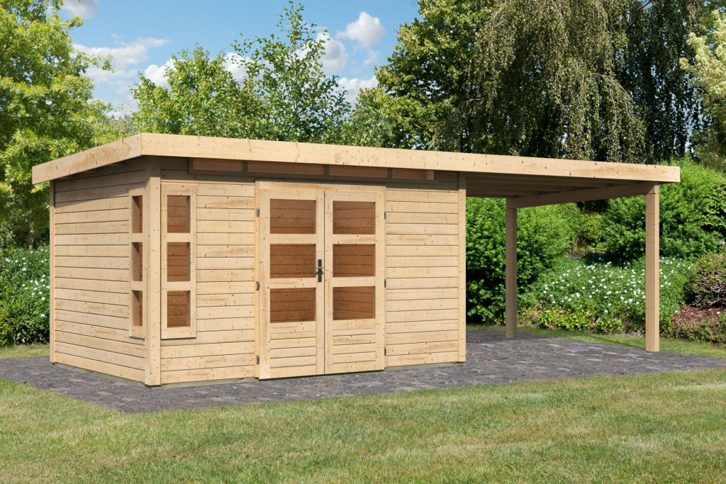 Karibu Kastorf 7. Kerti ház sarokablakkal, bővítménnyel/terasszal, natúr fából 655 cm x 244 cm (RP)