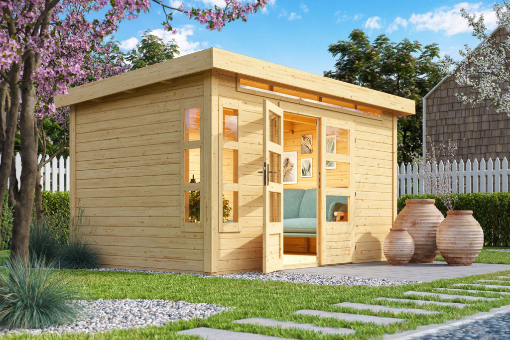 Karibu Kastorf 7. Kerti ház sarokablakkal, natúr fából 364 cm x 244 cm (RP)