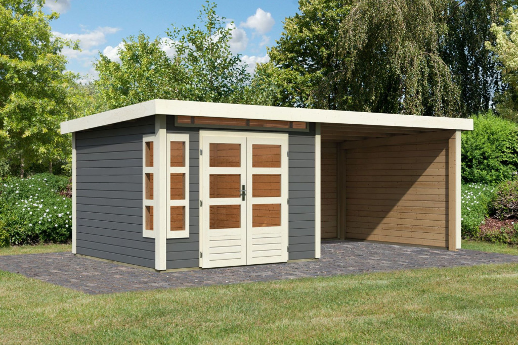 Karibu Kastorf 6. Kerti ház sarokablakkal, oldal- és hátfallal rendelkező bővítménnyel/terasszal,  terra szürke színű fából 565 cm x 274 cm (RP)