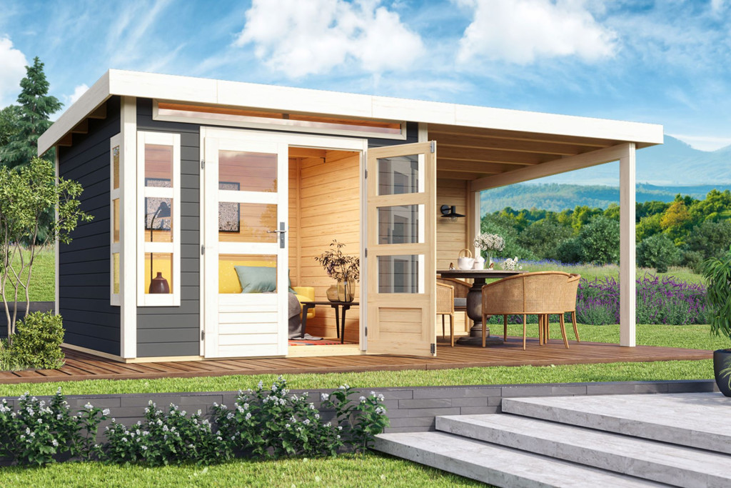 Karibu Kastorf 6. Kerti ház sarokablakkal, hátfallal rendelkező bővítménnyel/terasszal, terra szürke színű fából 565 cm x 274 cm (RP)