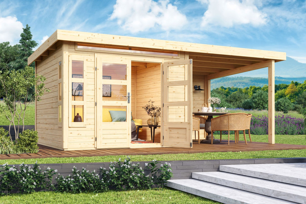 Karibu Kastorf 6. Kerti ház sarokablakkal, hátfallal rendelkező bővítménnyel/terasszal, natúr fából 565 cm x 274 cm (RP)