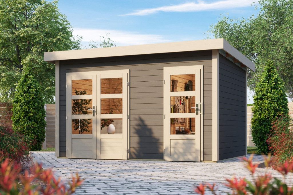 Karibu Tintrup Lapostetős, két helyiségre osztott kerti ház, terra szürke színű fából 364 cm x 244 cm (RP)