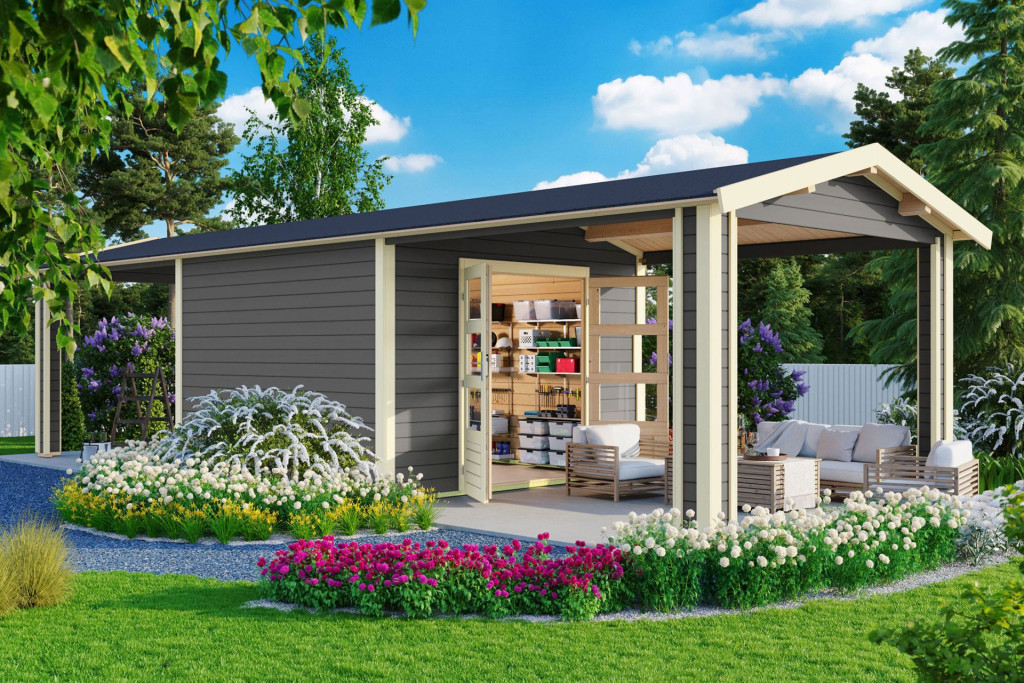 Karibu Theres 7. Nyeregtetős kerti ház, két oldali tetőhosszabító bővítménnyel/terasszal terra szürke színű fából 947 cm x 304 cm (RP)