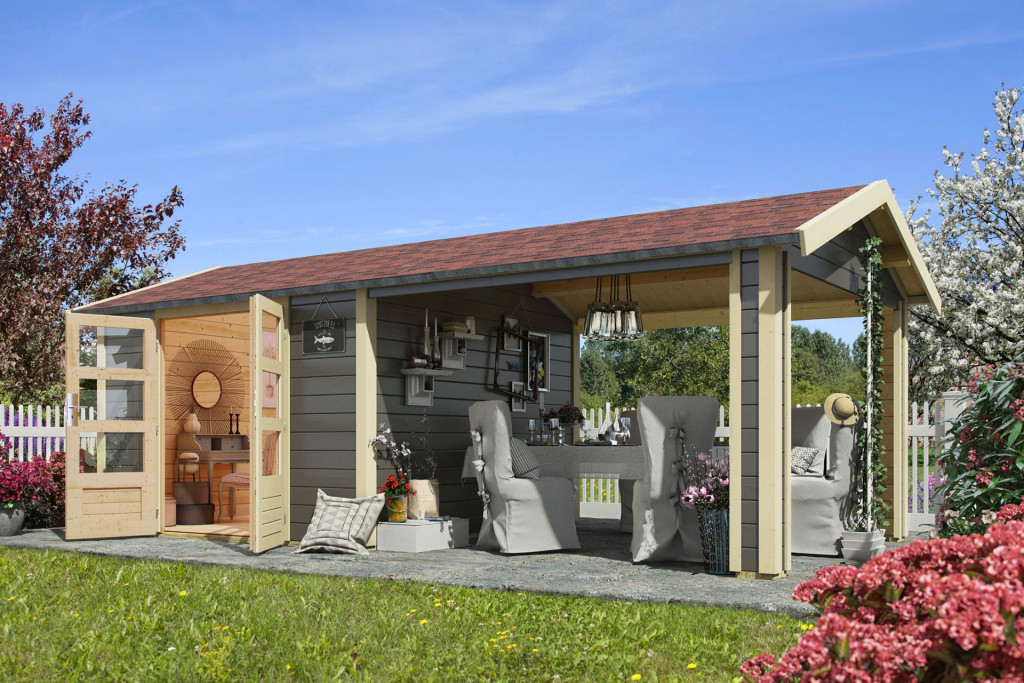 Karibu Theres 7. Nyeregtetős kerti ház, egy oldali tetőhosszabító bővítménnyel/terasszal terra szürke színű fából 647 cm x 304 cm (RP)