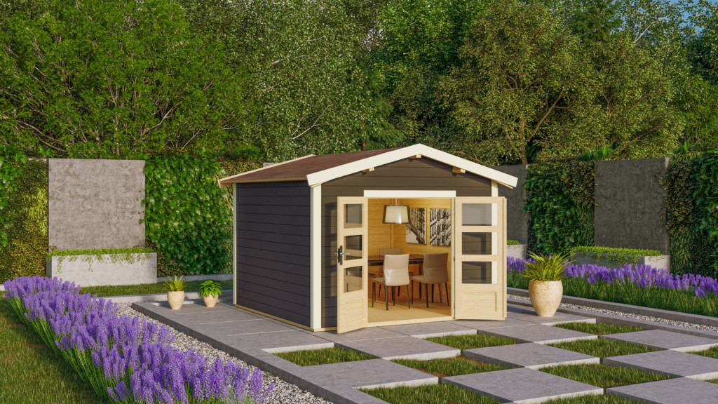 Karibu Theres 7. Nyeregtetős kerti ház, terra szürke színű fából 304 cm x 304 cm (RP)