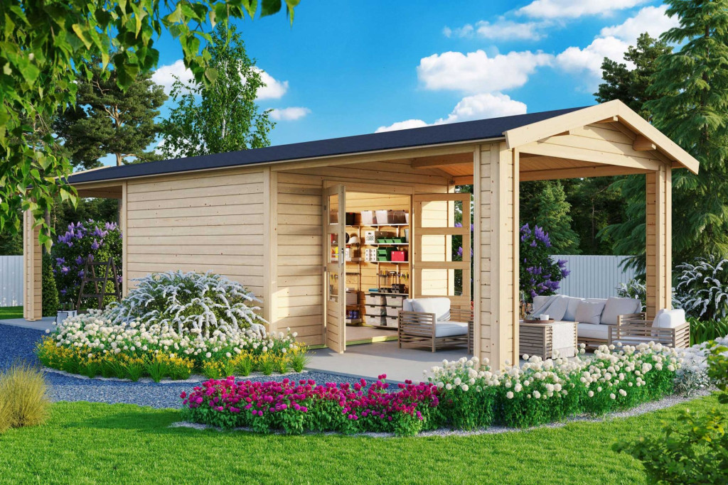 Karibu Theres 7. Nyeregtetős kerti ház, két oldali tetőhosszabító bővítménnyel/terasszal natúr fából 947 cm x 304 cm (RP)