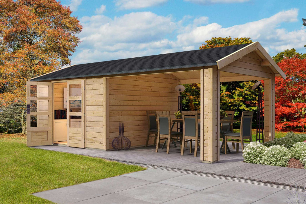 Karibu Theres 7. Nyeregtetős kerti ház, egy oldali tetőhosszabító bővítménnyel/terasszal natúr fából 647 cm x 304 cm (RP)