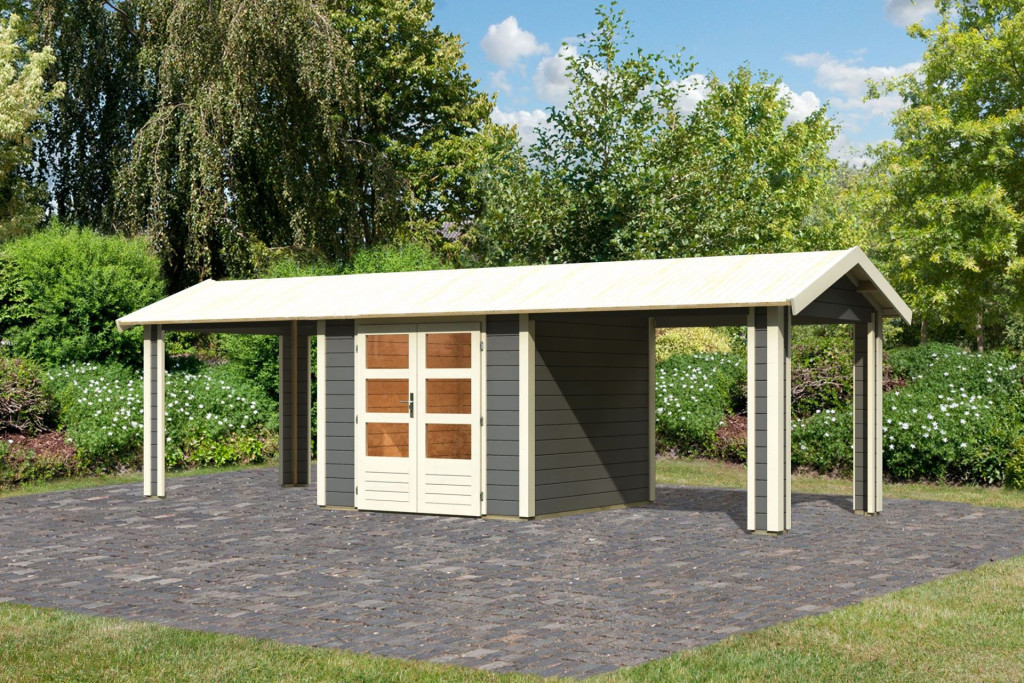 Karibu Theres 3. Nyeregtetős kerti ház, két oldali tetőhosszabbító bővítménnyel/terasszal, terra szürke színű fából 720 cm x 244 cm (RP)