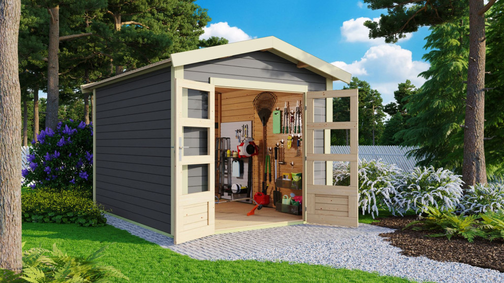 Karibu Theres 3. Nyeregtetős kerti ház, terra szürke színű fából 244 cm x 244 cm (RP)