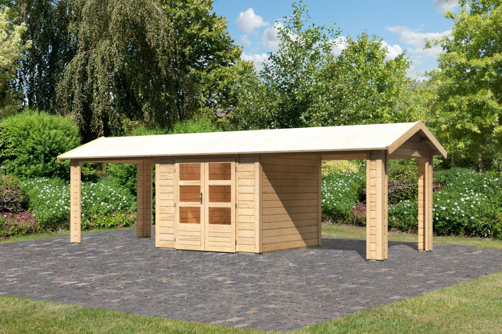 Karibu Theres 3. Nyeregtetős kerti ház, két oldali tetőhosszabbító bővítménnyel/terasszal, natúr fából 720 cm x 244 cm (RP)