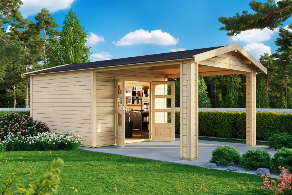 Karibu Theres 3. Nyeregtetős kerti ház, egy oldali tetőhosszabbító bővítménnyel/terasszal, natúr fából 480 cm x 244 cm (RP)