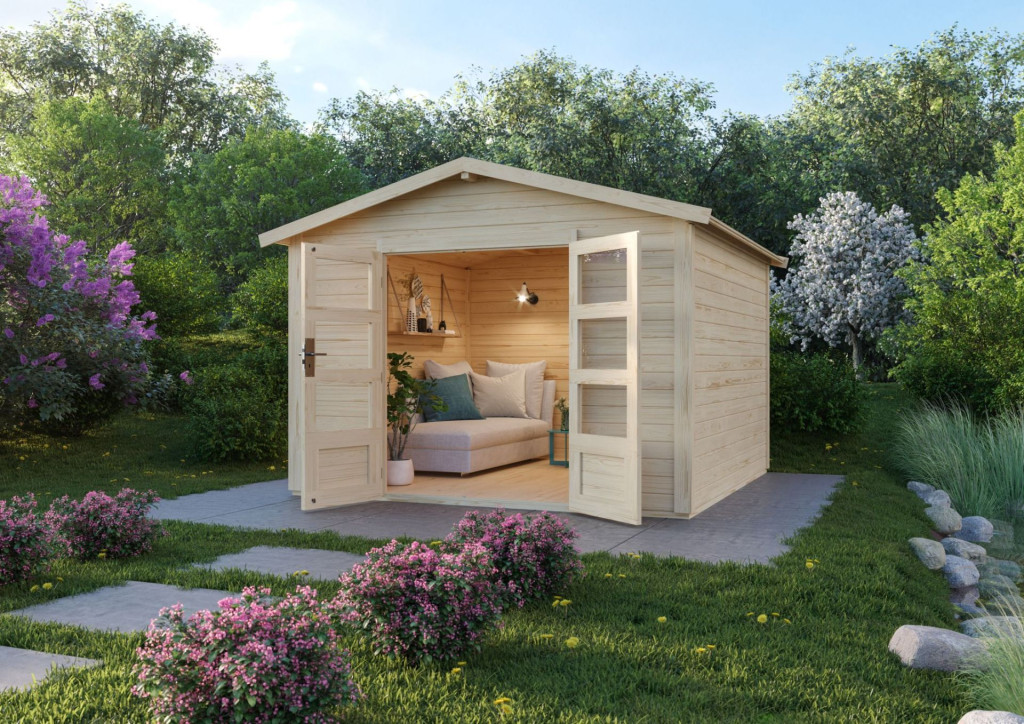 Karibu Talkau 8. Modern nyeregtetős kerti ház, natúr fából 304 cm x 304 cm (RP)