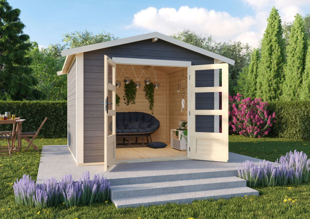 Karibu Talkau 6. Modern nyeregtetős kerti ház, terra szürke színű fából 274 cm x 274 cm (RP)
