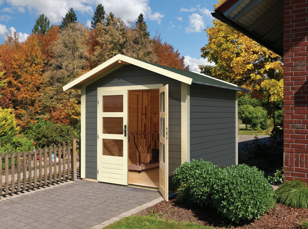 Karibu Talkau 4. Modern nyeregtetős kerti ház, terra szürke fából 244 cm x 244 cm (RP)