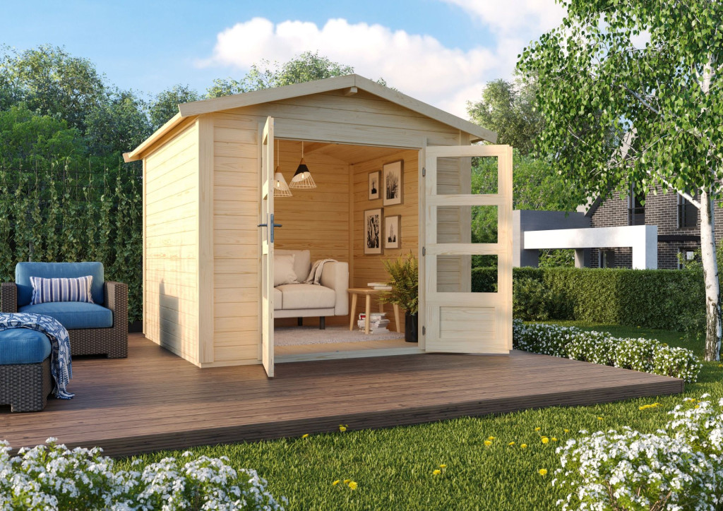 Karibu Talkau 4. Modern nyeregtetős kerti ház, natúr fából 244 cm x 244 cm (RP)