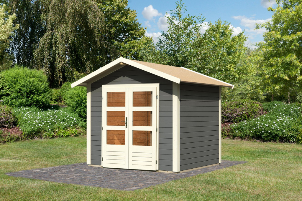 Karibu Talkau 3. Modern nyeregtetős kerti ház, terra szürke fából 244 cm x 204 cm (RP)