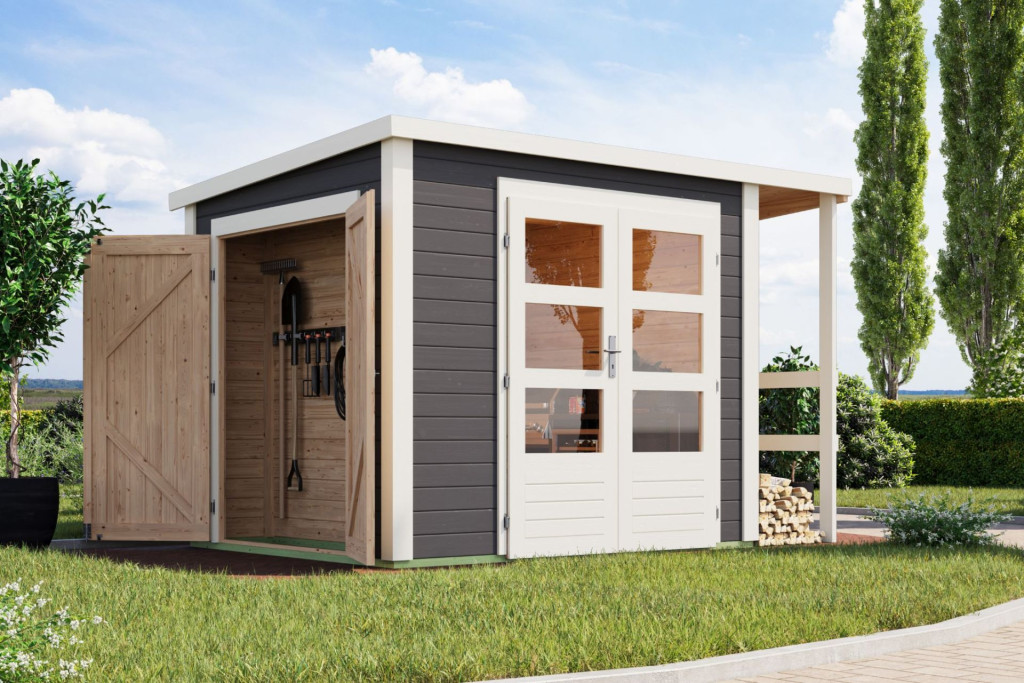 Karibu multifunkcionális kerti ház/tároló, 28mm-es tetővel,  terra szürke színű fából 297 cm x 203 cm (RP)