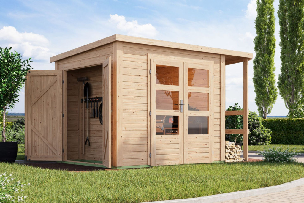 Karibu multifunkcionális kerti ház/tároló, 28mm-es tetővel, natúr fából 297 cm x 203 cm (RP)