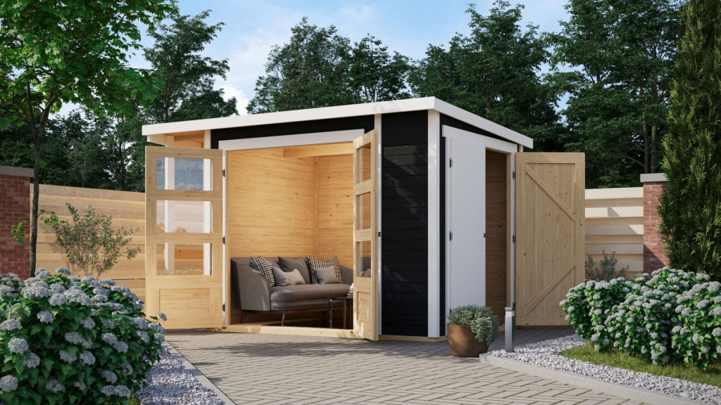 Karibu multifunkcionális kerti ház, beépített oldalsó tárolóval,terra szürke színű fából 300 cm x 186 cm (RP)