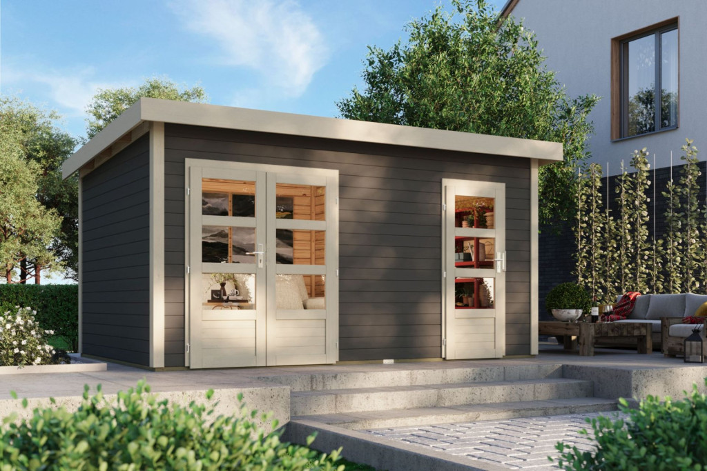 Karibu  Mattrup Lapostetős, két helyiségre osztott kerti ház,terra szürke színű fából 424 cm x 274 cm (RP)