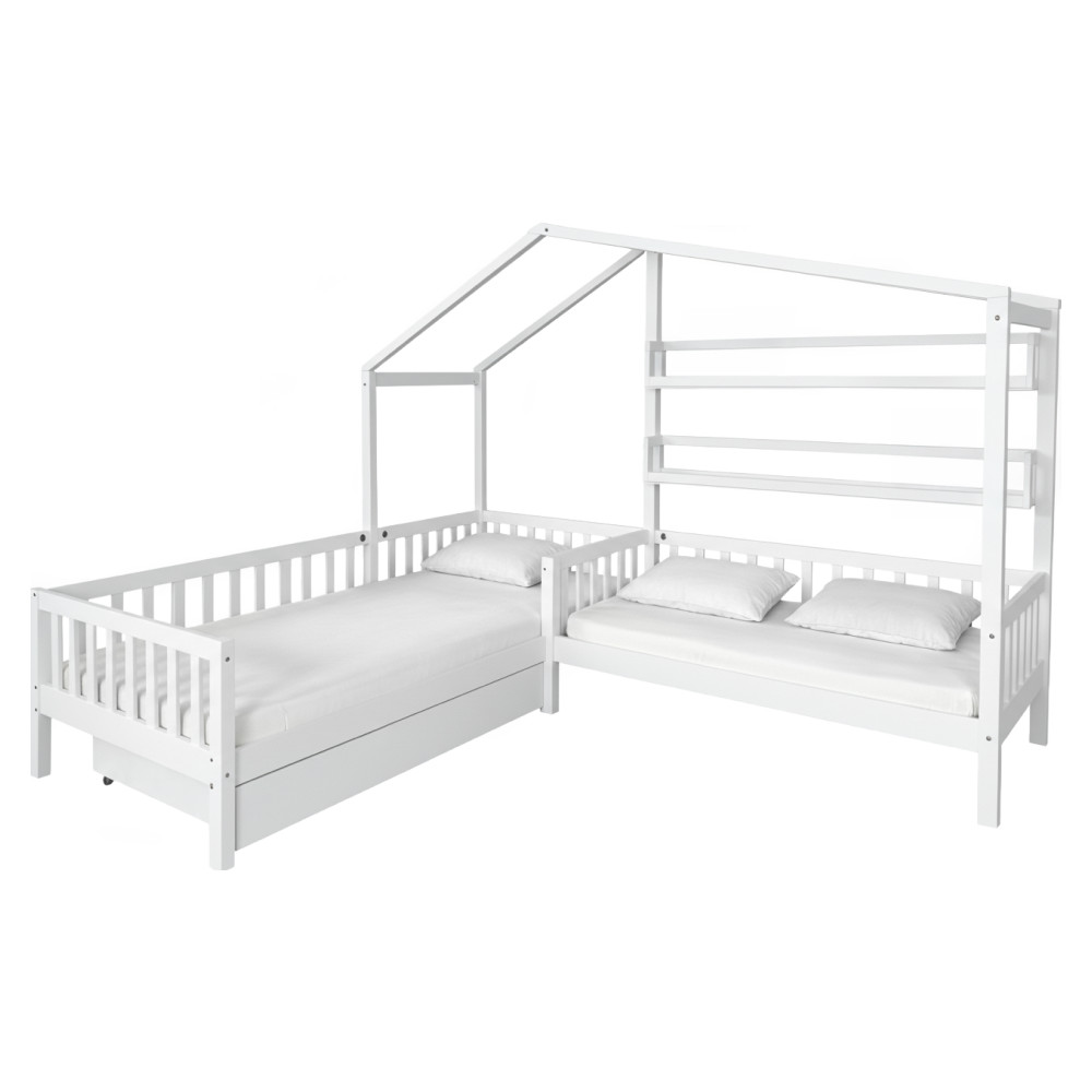 Ágy ágyráccsal 2 gyermek részére, 90x200+70x140 cm, fehér, ENOLA (RP)