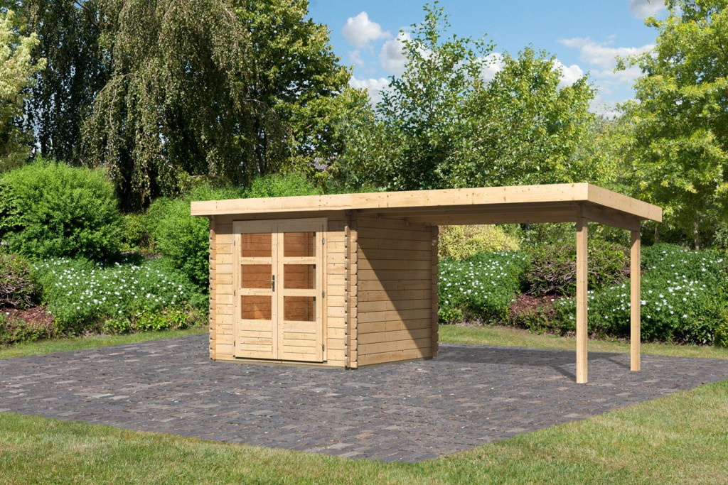 Karibu Bastrup 2. Kerti ház, 3 m széles bővítménnyel/terasszal, natúr fából 519 cm x 237 cm (RP)