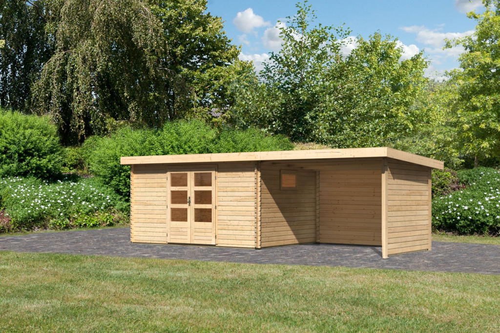 Karibu Trittau 5. Nagyméretű kerti ház 38mm-es falvastagsággal, hátfallal rendelkező bővítménnyel/terasszal, natúr fából 669 cm x 297 cm (RP)
