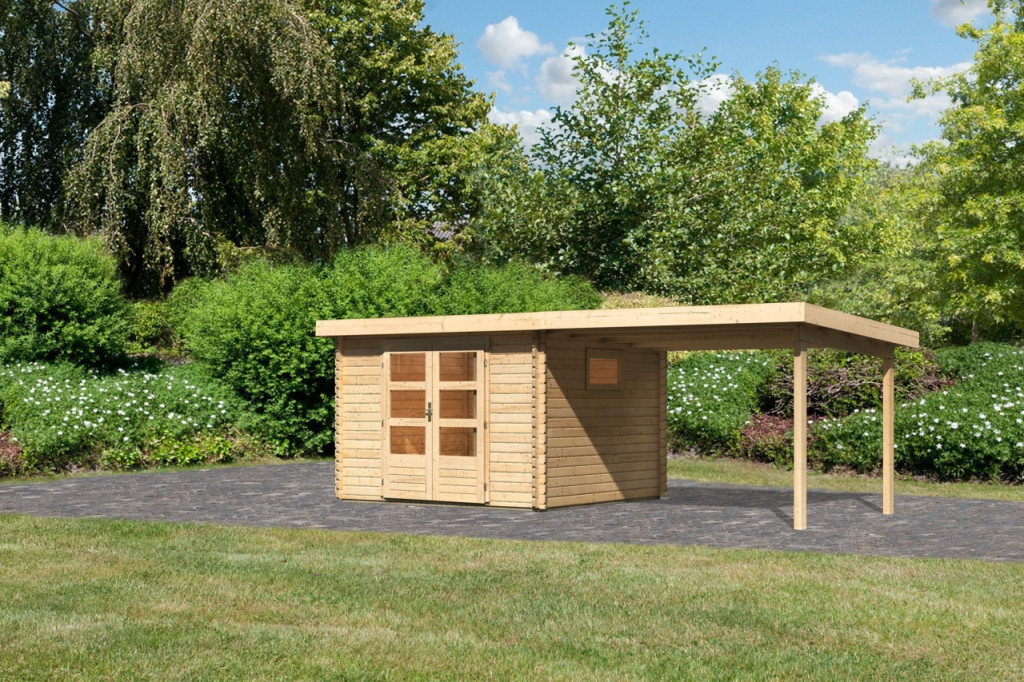 Karibu Trittau 3. Nagyméretű kerti ház 38mm-es falvastagsággal, bővítménnyel/ terasszal, natúr fából 580,5 cm x 297 cm (RP)
